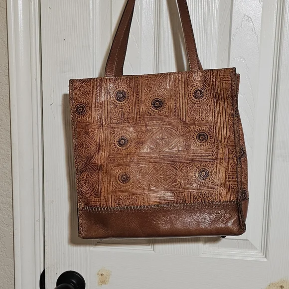 Patricia Nash Brown and Tan Stitched Ouine and Squares with Circles in them - Picture 8 of 15